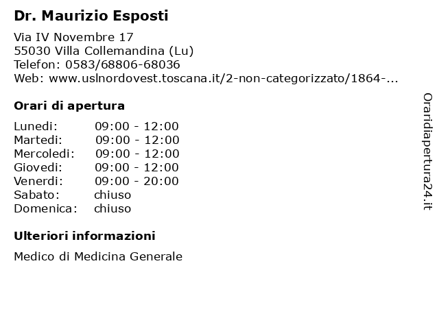 Dr. MAURIZIO ESPOSTI a Villa Collemandina (Lu): indirizzo e orari di apertura