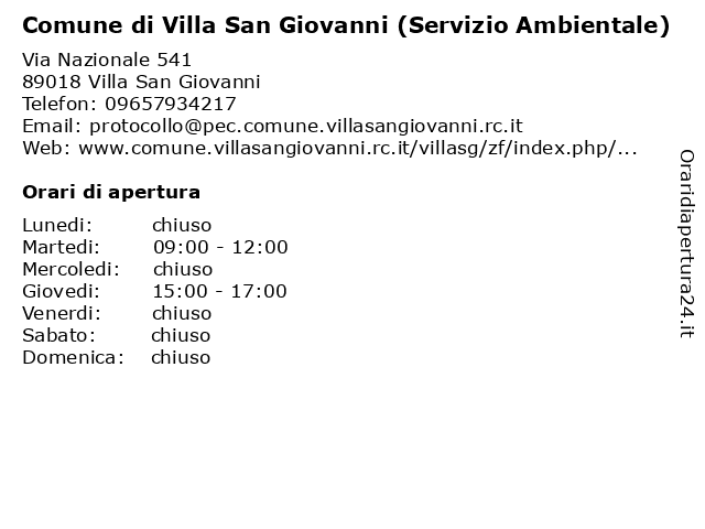 Comune di Villa San Giovanni (Servizio Ambientale) a Villa San Giovanni: indirizzo e orari di apertura