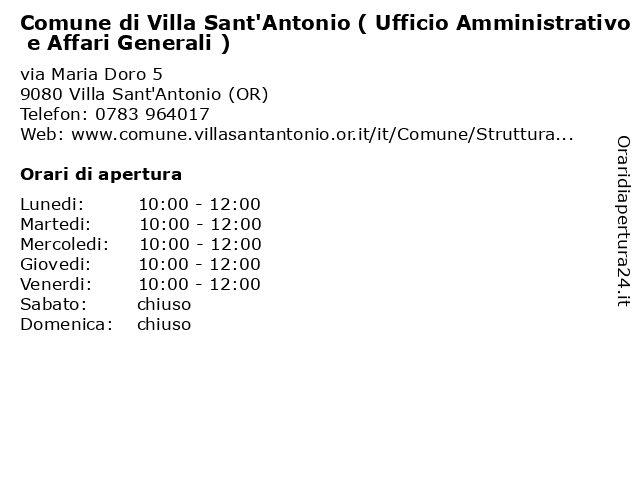 Comune di Villa Sant'Antonio ( Ufficio Amministrativo e Affari Generali ) a Villa Sant'Antonio (OR): indirizzo e orari di apertura