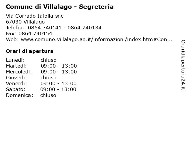 Comune di Villalago - Segreteria a Villalago: indirizzo e orari di apertura