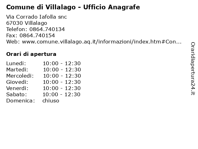 Comune di Villalago - Ufficio Anagrafe a Villalago: indirizzo e orari di apertura