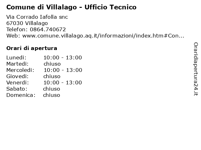 Comune di Villalago - Ufficio Tecnico a Villalago: indirizzo e orari di apertura