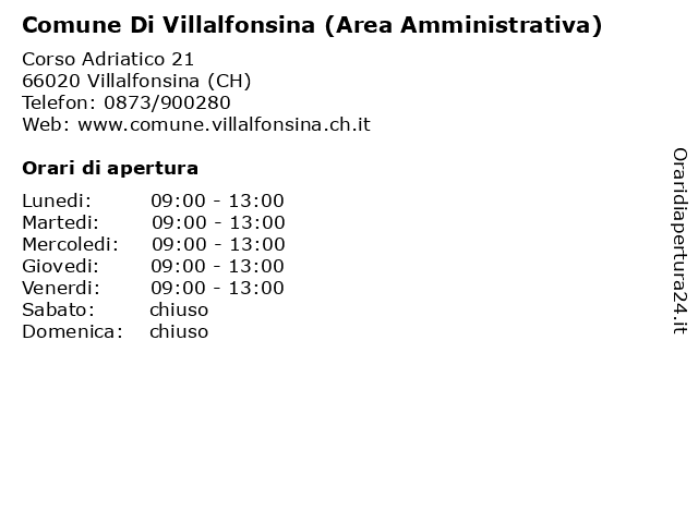 Comune Di Villalfonsina (Area Amministrativa) a Villalfonsina (CH): indirizzo e orari di apertura