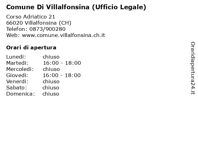 Comune Di Villalfonsina (Ufficio Legale) a Villalfonsina (CH): indirizzo e orari di apertura