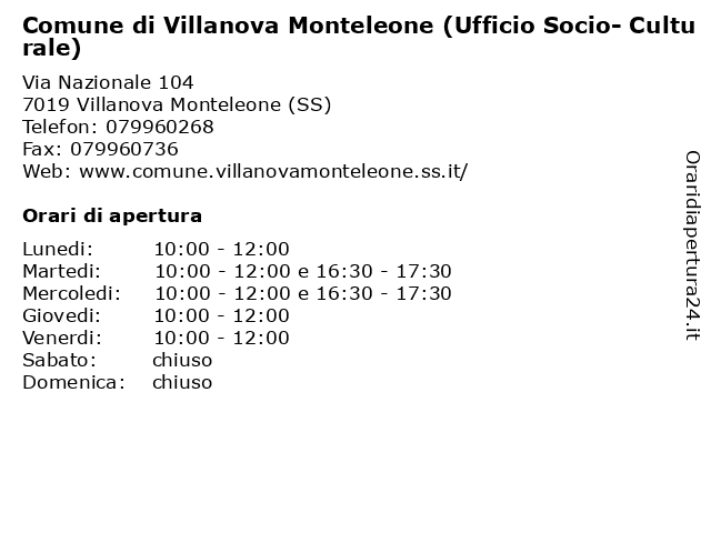 Comune di Villanova Monteleone (Ufficio Socio- Culturale) a Villanova Monteleone (SS): indirizzo e orari di apertura