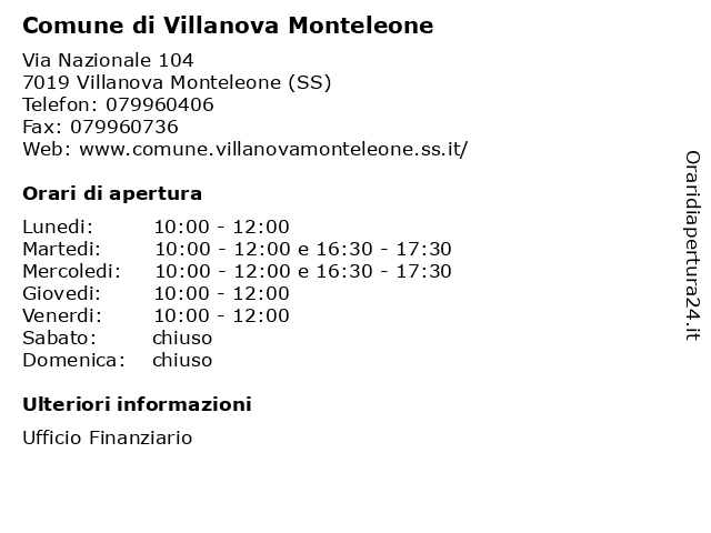 Comune di Villanova Monteleone a Villanova Monteleone (SS): indirizzo e orari di apertura