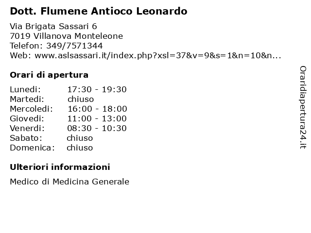 Dott. Flumene Antioco Leonardo a Villanova Monteleone: indirizzo e orari di apertura