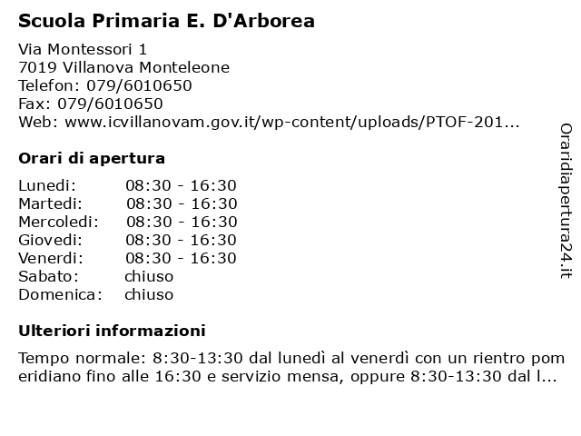 Scuola Primaria E. D'Arborea a Villanova Monteleone: indirizzo e orari di apertura