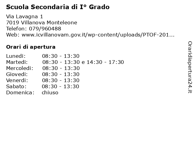 Scuola Secondaria di I° Grado a Villanova Monteleone: indirizzo e orari di apertura