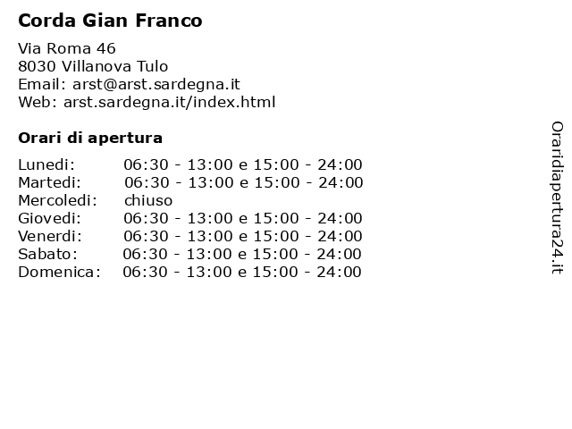 Corda Gian Franco a Villanova Tulo: indirizzo e orari di apertura