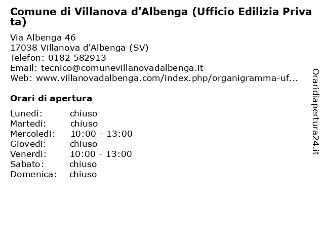 Comune di Villanova d'Albenga (Ufficio Edilizia Privata) a Villanova d'Albenga (SV): indirizzo e orari di apertura