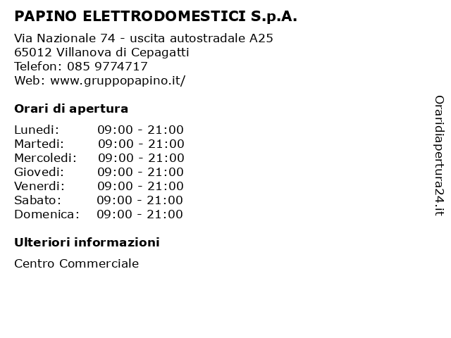 PAPINO ELETTRODOMESTICI S.p.A. a Villanova di Cepagatti: indirizzo e orari di apertura