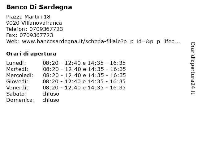 Banco Di Sardegna a Villanovafranca: indirizzo e orari di apertura