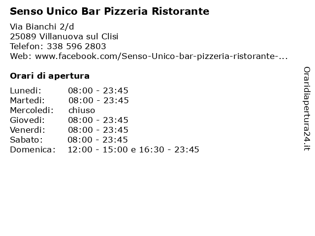 Senso Unico Bar Pizzeria Ristorante a Villanuova sul Clisi: indirizzo e orari di apertura