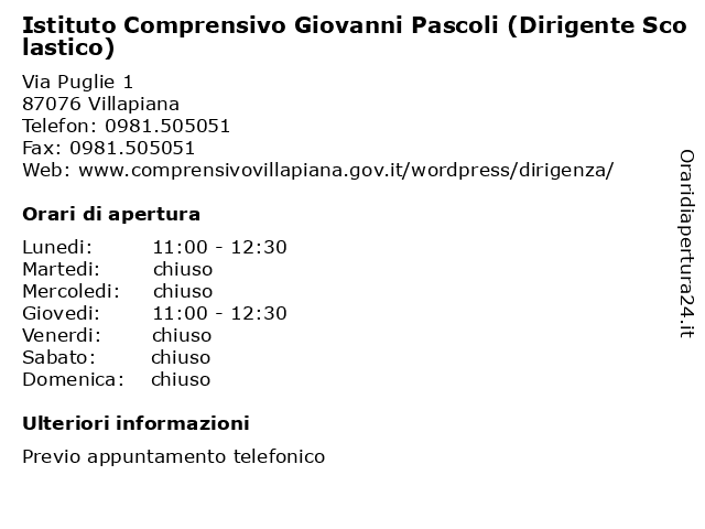 Istituto Comprensivo Giovanni Pascoli (Dirigente Scolastico) a Villapiana: indirizzo e orari di apertura