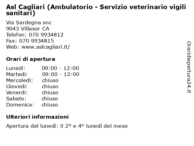 Asl Cagliari (Ambulatorio - Servizio veterinario vigili sanitari) a Villasor CA: indirizzo e orari di apertura