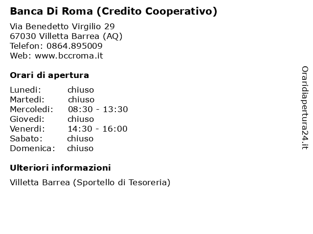Banca Di Roma (Credito Cooperativo) a Villetta Barrea (AQ): indirizzo e orari di apertura