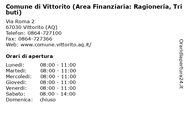 Comune di Vittorito (Area Finanziaria: Ragioneria, Tributi) a Vittorito (AQ): indirizzo e orari di apertura