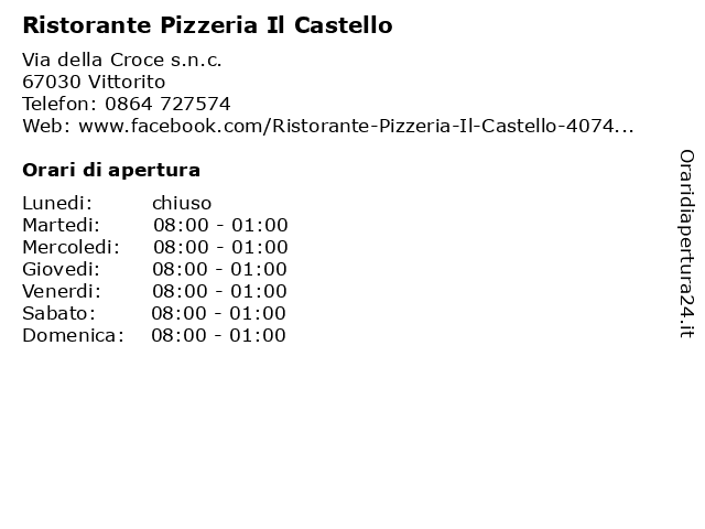 Ristorante Pizzeria Il Castello a Vittorito: indirizzo e orari di apertura