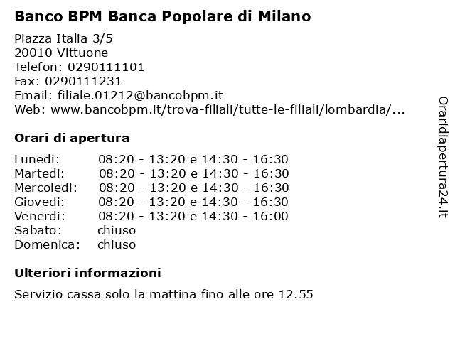 á… Orari Di Apertura Banco Bpm Banca Popolare Di Milano Piazza Italia