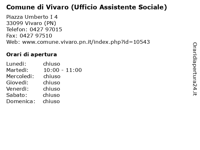 Comune di Vivaro (Ufficio Assistente Sociale) a Vivaro (PN): indirizzo e orari di apertura