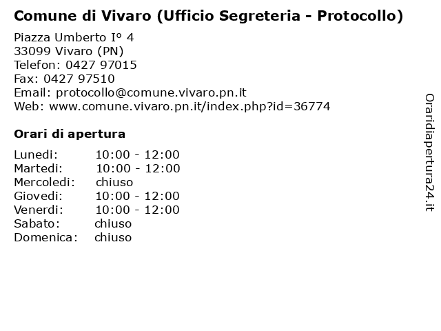 Comune di Vivaro (Ufficio Segreteria - Protocollo) a Vivaro (PN): indirizzo e orari di apertura