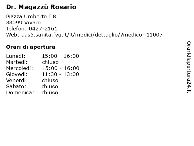 Dr. Magazzù Rosario a Vivaro: indirizzo e orari di apertura
