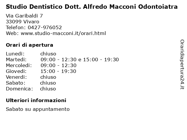 Studio Dentistico Dott. Alfredo Macconi Odontoiatra a Vivaro: indirizzo e orari di apertura