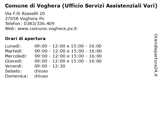 Comune di Voghera (Ufficio Servizi Assistenziali Vari) a Voghera Pv: indirizzo e orari di apertura