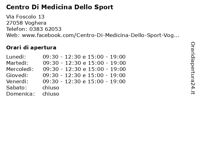 Centro Di Medicina Dello Sport a Voghera: indirizzo e orari di apertura