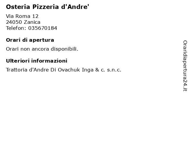Osteria Pizzeria d'Andre' a Zanica: indirizzo e orari di apertura