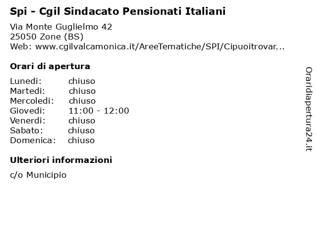 Spi - Cgil Sindacato Pensionati Italiani a Zone (BS): indirizzo e orari di apertura