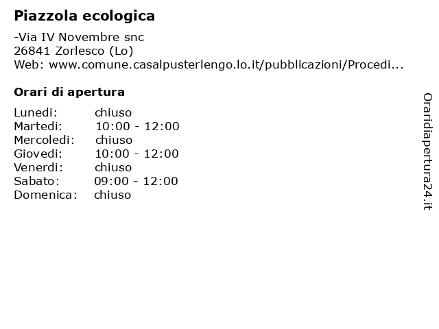 Piazzola ecologica a Zorlesco (Lo): indirizzo e orari di apertura