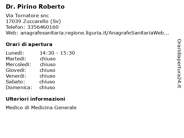 Dr. PIRINO ROBERTO a Zuccarello (Sv): indirizzo e orari di apertura